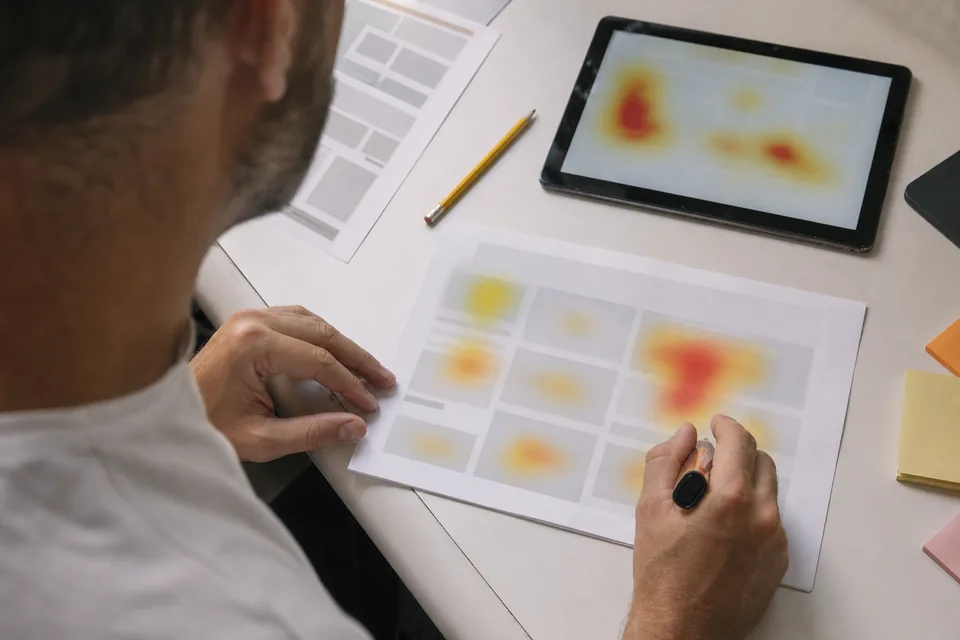 Analyst marking hot spots on a printed page heatmap next to a tablet