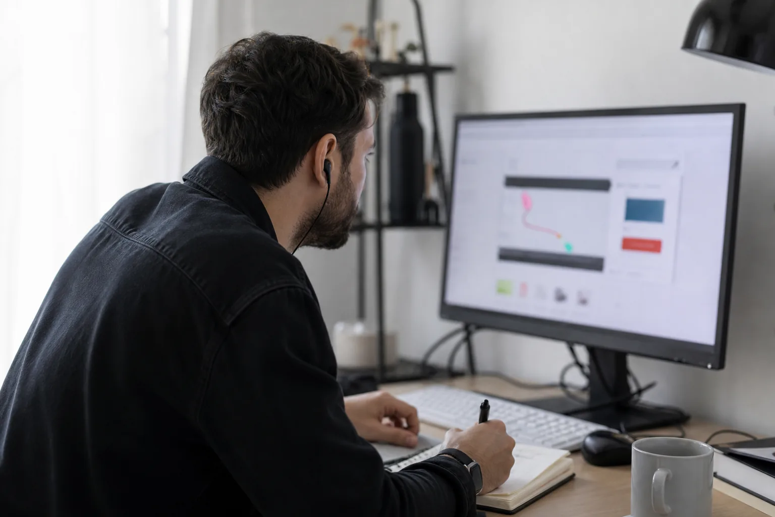 Product analyst watching a recorded session on a monitor and taking notes