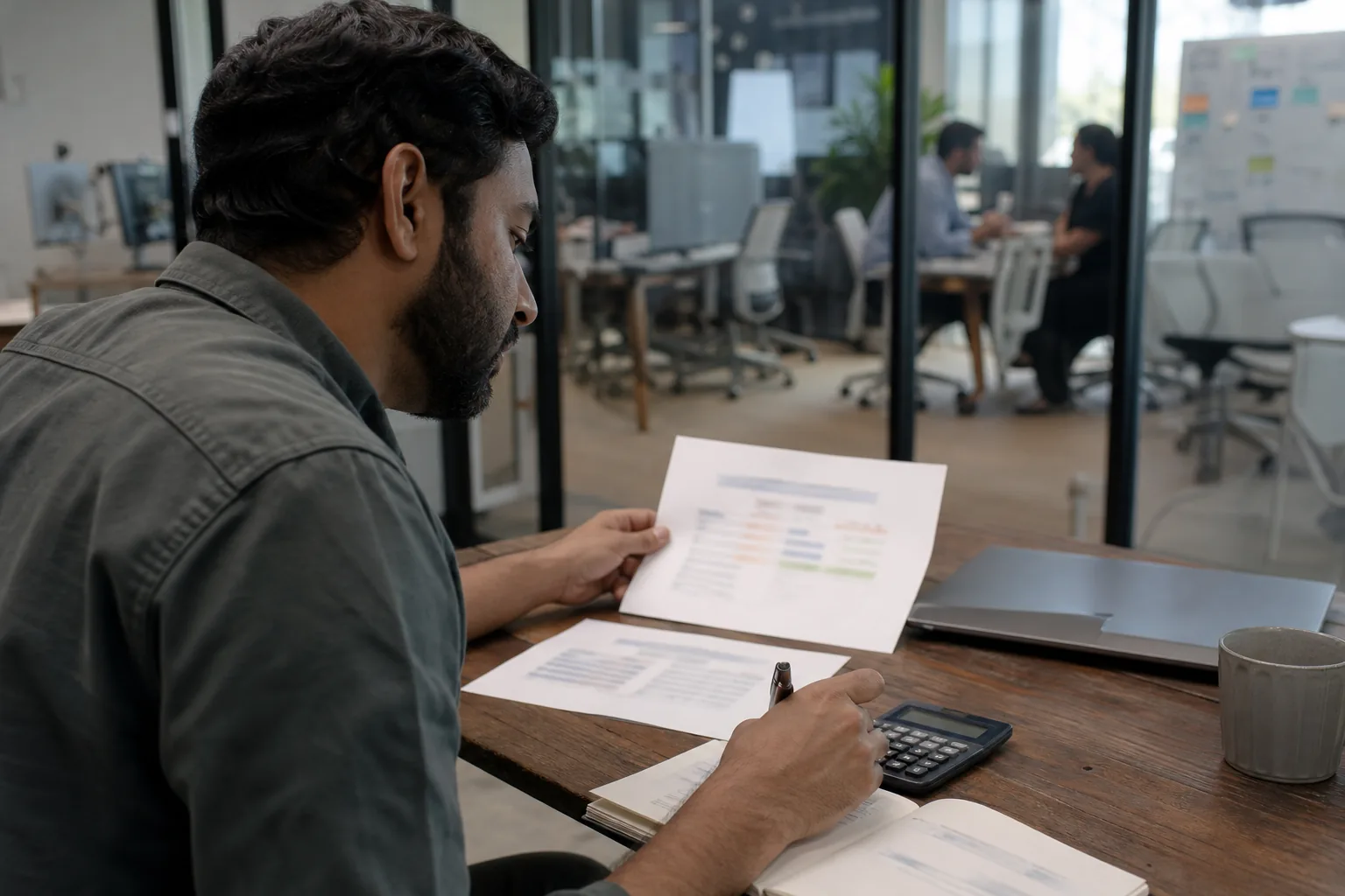 Product lead comparing software quotes on paper with a calculator