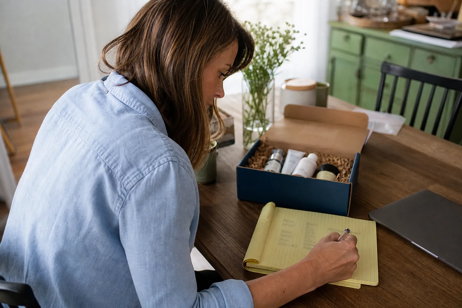 Ecommerce marketer comparing monthly and yearly software costs on a notepad