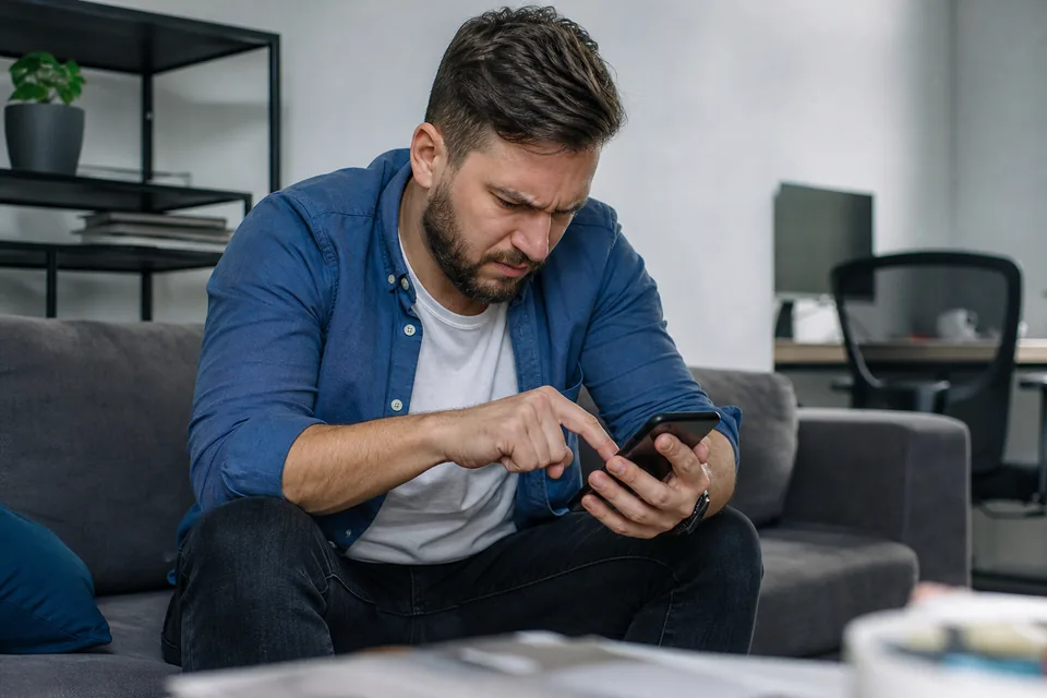 Frustrated user tapping a phone screen that does not respond