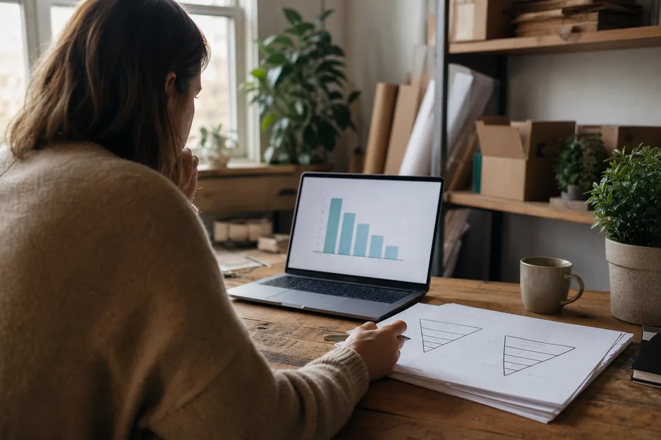 Ecommerce manager comparing two checkout funnels on a laptop and a printed sheet