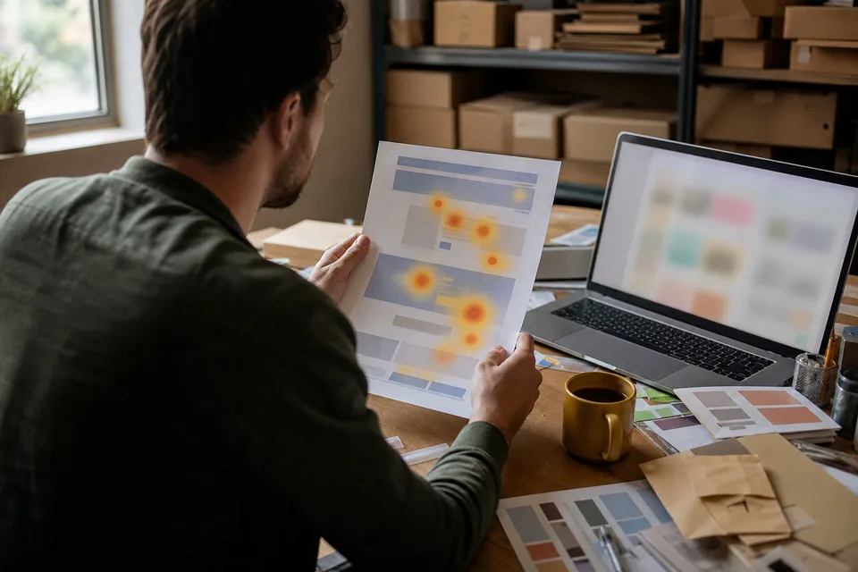 Ecommerce marketer reviewing a click heatmap printout beside a laptop