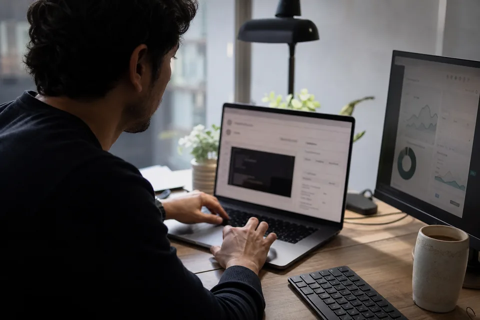 Person typing into a web form on a laptop with a dashboard on the second screen