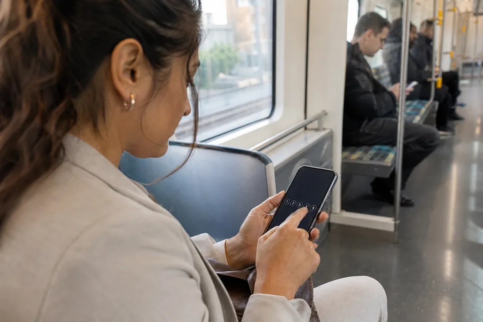 Commuter answering a short survey on her phone