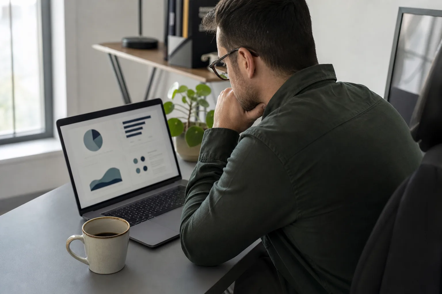 Product manager reading an AI research summary with charts on a laptop