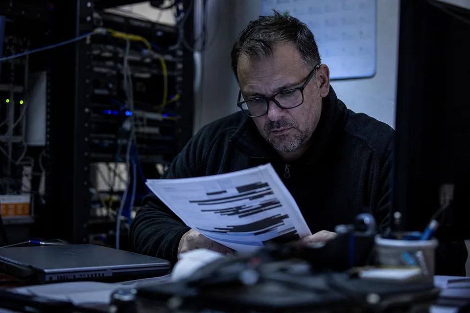 Security lead reading a printout with personal data blacked out