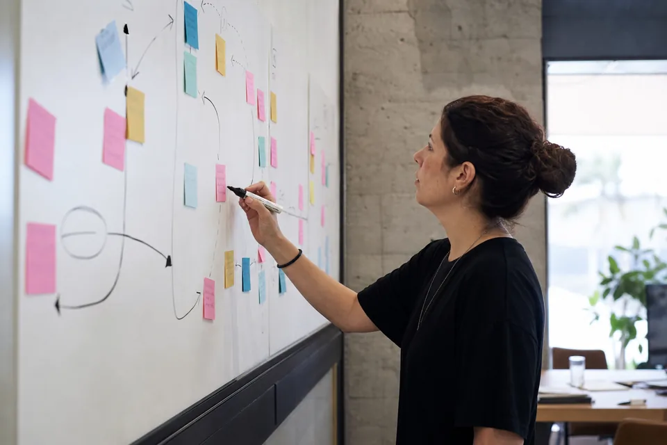 UX researcher mapping a user journey on a whiteboard with sticky notes